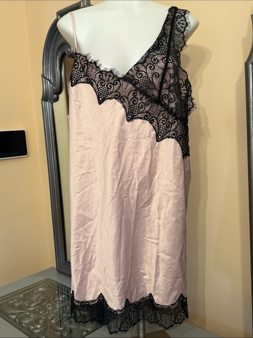 Cacique 18 / 20 Sexy Lingerie Blush Pink Slip Asymmetrical Black Lace Trim Satin